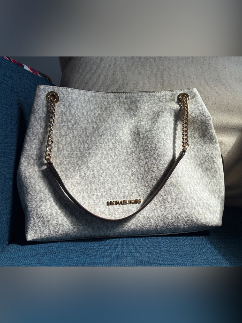 Michael Kors Cream Logo-Print Shoulder Tote with Gold Chain